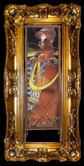 framed  Georges de  Feure Polychrome Leaded Glass Panel, ta009-2